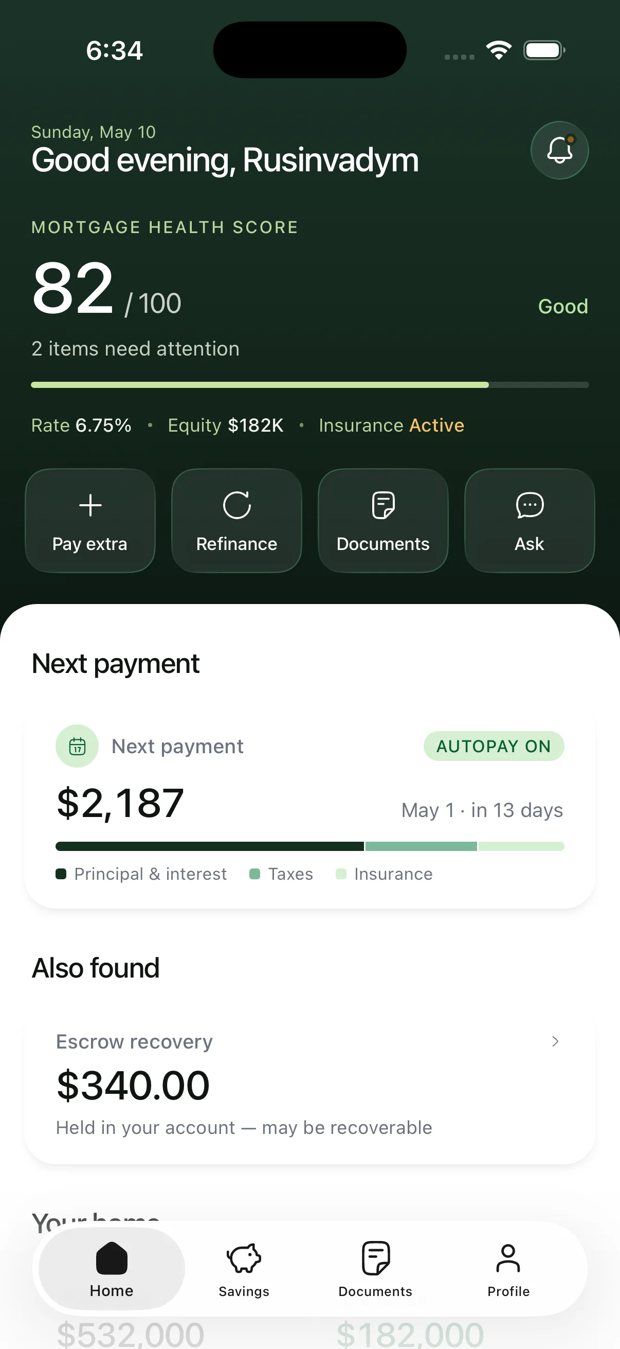 TrueOwn app showing mortgage health score, next payment, and escrow recovery alerts